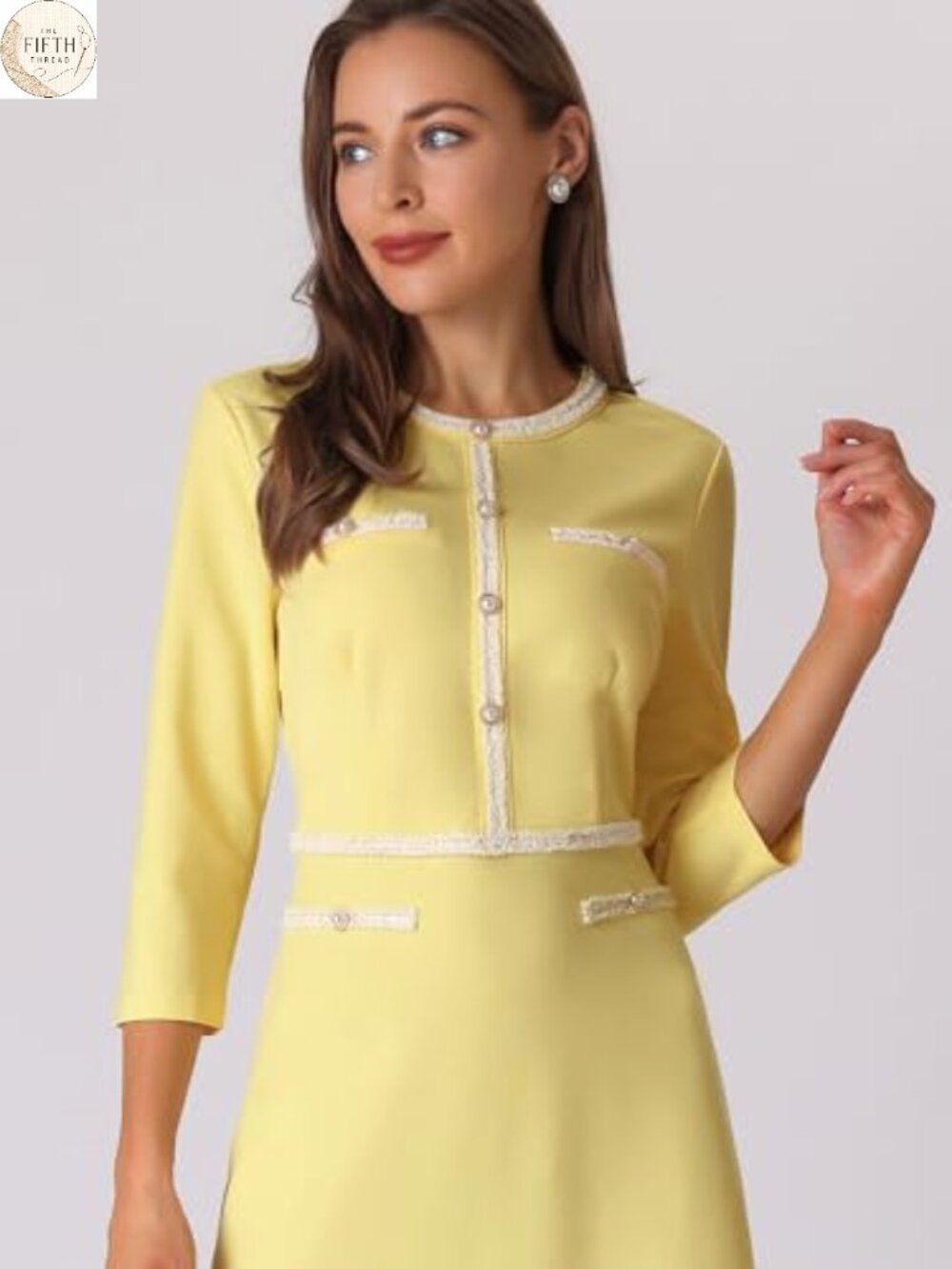 Hobemty Women's Tweed Trim 3/4 Sleeve A-Line Midi Work Dress - Picture 3 of 4